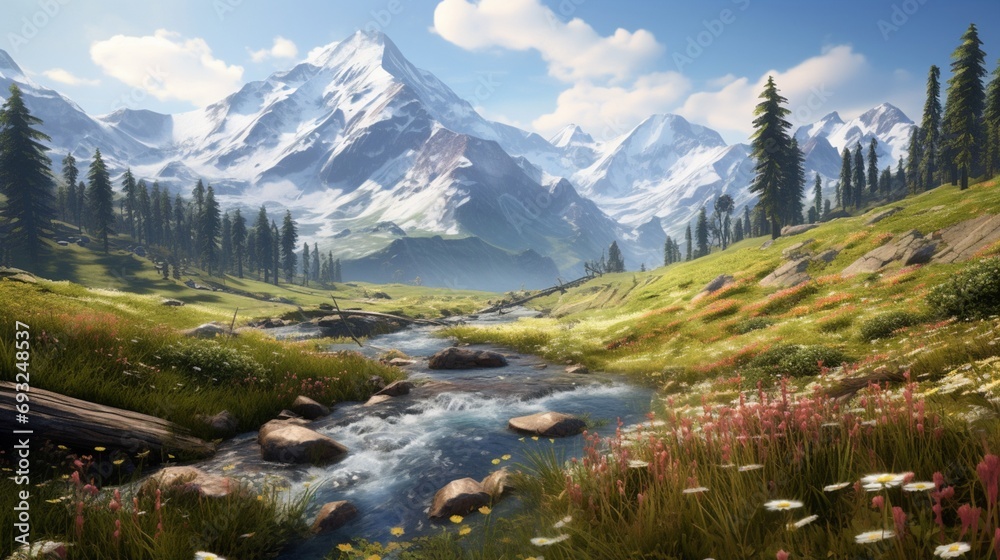 A picturesque alpine meadow with wildflowers, a babbling brook, and snow-capped mountains in the distance.