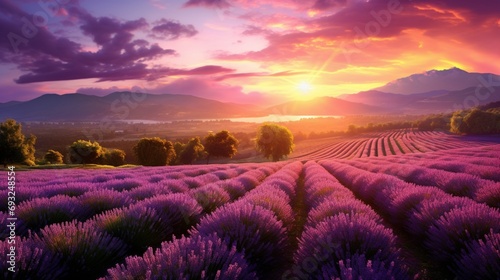 A picturesque lavender field at sunset, with rows of purple flowers and a tranquil atmosphere.