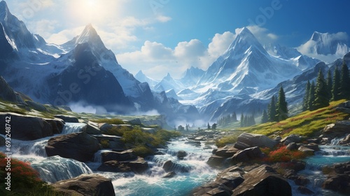 A rugged mountain range with snow-capped peaks  a clear blue sky  and a wild river in the valley.