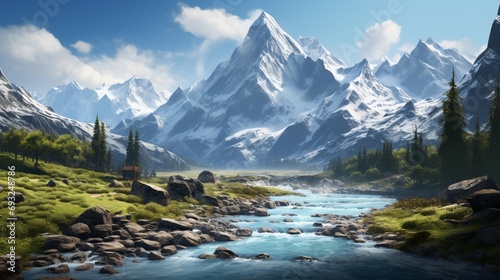 A rugged mountain range with snow-capped peaks, a clear blue sky, and a wild river in the valley.