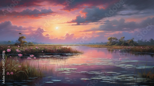 A serene marshland at twilight, with reeds, water lilies, and a colorful, reflective sky.