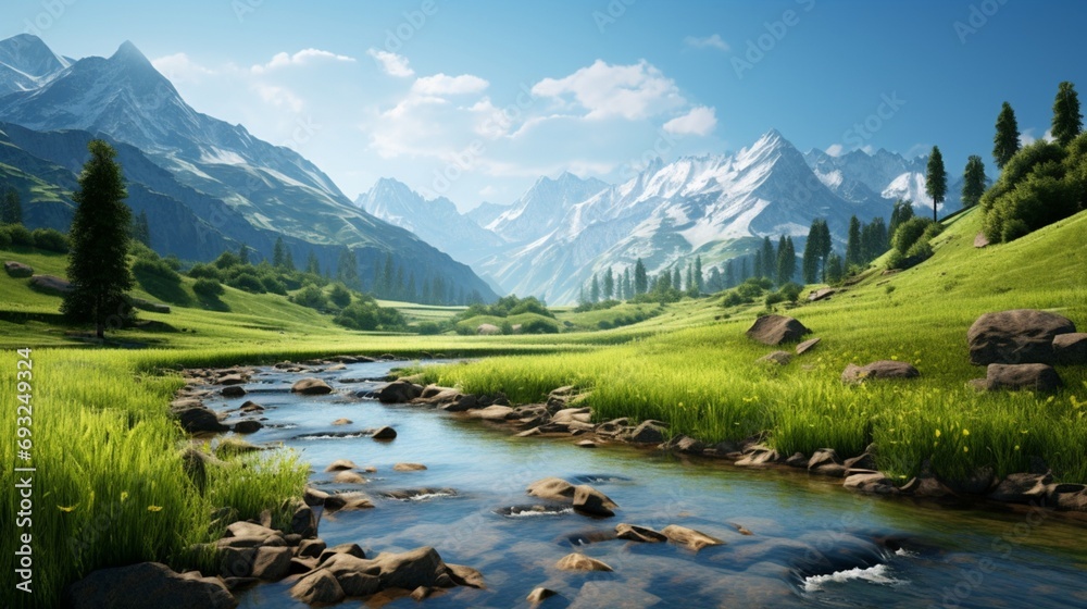 A calm river flowing through a green valley, surrounded by tall mountains and a clear blue sky.