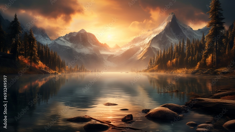A tranquil mountain lake at sunrise, with mist rising from the water and the sun casting a golden glow on the peaks.