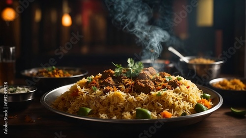 high quality photography of Indian biriyani on restaurant background. Indian food concept. 