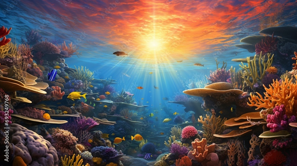 A colorful coral reef underwater scene with diverse marine life and sunbeams penetrating the water.