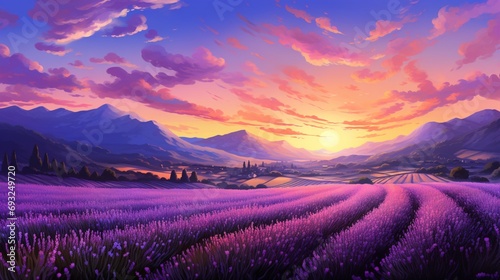 A twilight scene in a lavender field, with rows of purple flowers and a colorful sky after sunset.