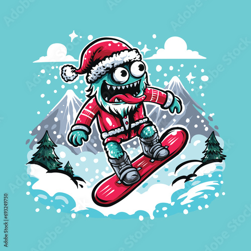 santa claus on snowboard. cute monster wearing a Santa Claus costume playing snowboarding in the snowy mountains