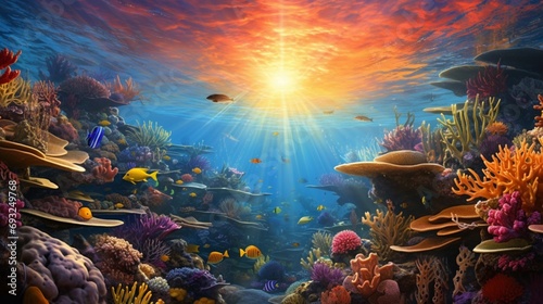 A colorful coral reef underwater scene with diverse marine life and sunbeams penetrating the water.