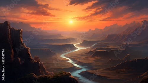 A vast canyon landscape at dusk  with deep shadows and the last rays of sun highlighting the ridges.