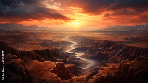 A vast canyon landscape at dusk, with deep shadows and the last rays of sun highlighting the ridges.