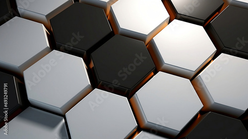 Geometric white black hexagon background seamless, in the style of fluid networks, blurry details, technological design, flat surfaces, gray and brown, animated shapes, line and dot work photo