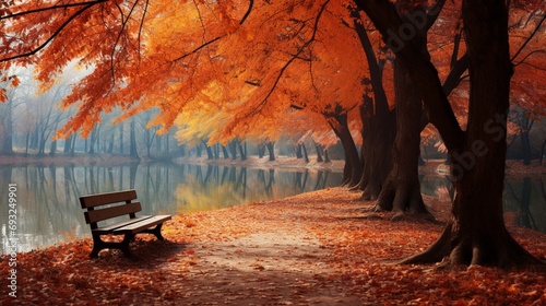 A vibrant autumn scene in a park  with a carpet of fallen leaves  a pond  and benches under the trees.