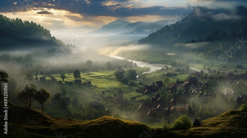 An early morning scene in a mist-covered valley, with a patchwork of fields and a small village.