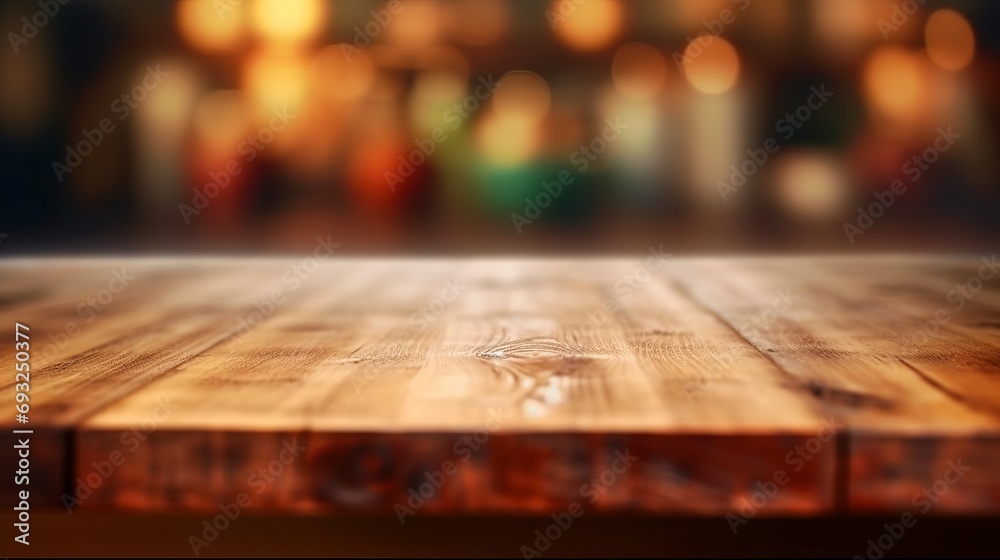 wooden kitchen table in a gorgous kitchen with a strong background bokeh - obrazy, fototapety, plakaty 