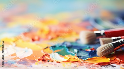 A close up of colorful watercolor art and brushes on a table.