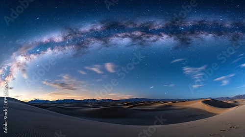 An expansive view of sand dunes under a starry night sky, with the Milky Way clearly visible.