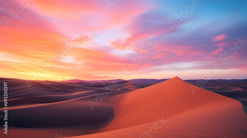 An expansive view of sand dunes at dawn  with patterns in the sand and a colorful morning sky.