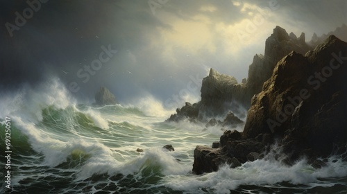 A dramatic coastal cliff scene with sea stacks, tumultuous waves, and a stormy sky.
