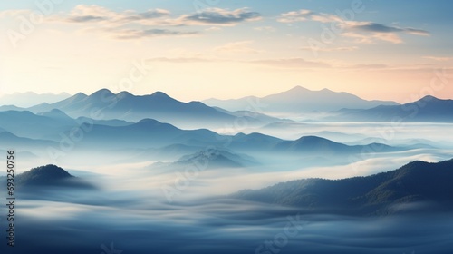 A high-altitude view of a misty valley at sunrise  with layers of mountains in the distance.