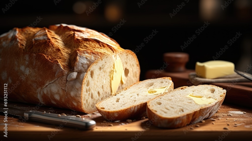 A loaf of baked bread on wooden tray.