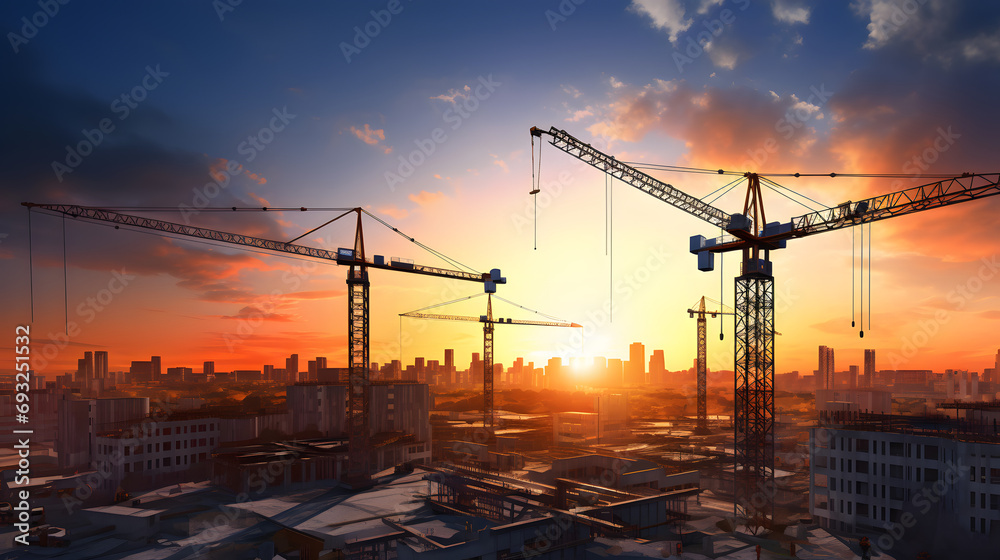 Crane holding big white blades on wind turbine / solar panel construction site on sunset daytime