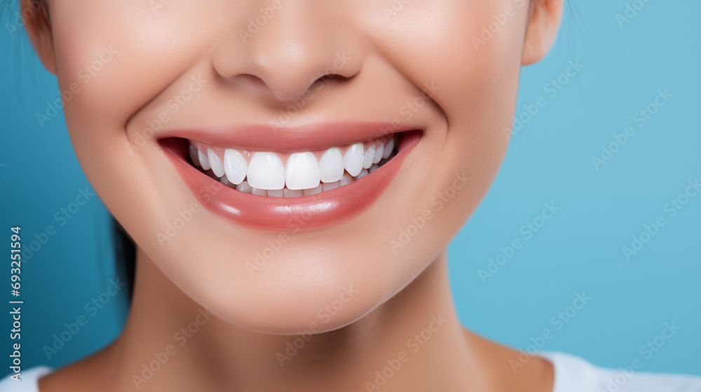 Closeup Of Beautiful Caucasian girl Smile With White Teeth on blue background, Woman Mouth Smiling. dental concept with copy space Closeup Of Beautiful Caucasian girl Smile With White Teeth on blue background, Woman Mouth Smiling. dental concept with copy space