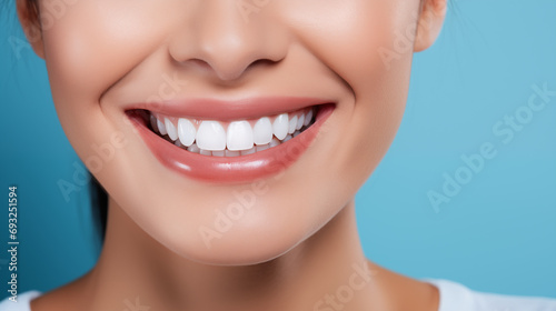 Closeup Of Beautiful Caucasian girl Smile With White Teeth on blue background, Woman Mouth Smiling. dental concept with copy space