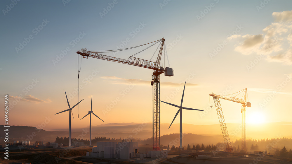 Crane holding big white blades on wind turbine / solar panel construction site on sunset daytime
