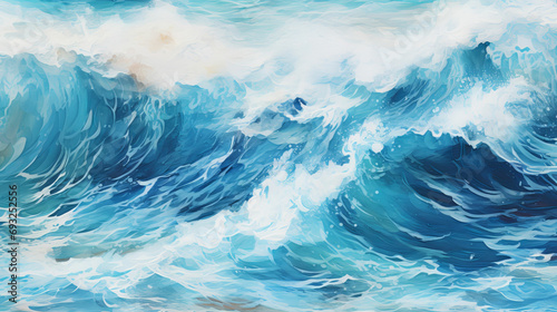 Seascape Scene. Summer Vacation Banner with Blue Ocean Lagoon and Powerful Waves © katrin888