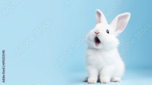 cute animal pet rabbit or bunny white color smiling and laughing isolated with copy space for easter background, rabbit, animal, pet, cute, fur, ear, mammal, background, celebration, generate by AI © pinkrabbit