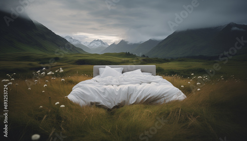 Comfy white master bed on the grass surrounded by highland landscape scenery and overcast sky.