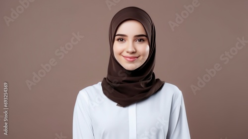 Portrait photo of a beautiful young Muslim female student in school uniform, one color background, copy space - generative ai