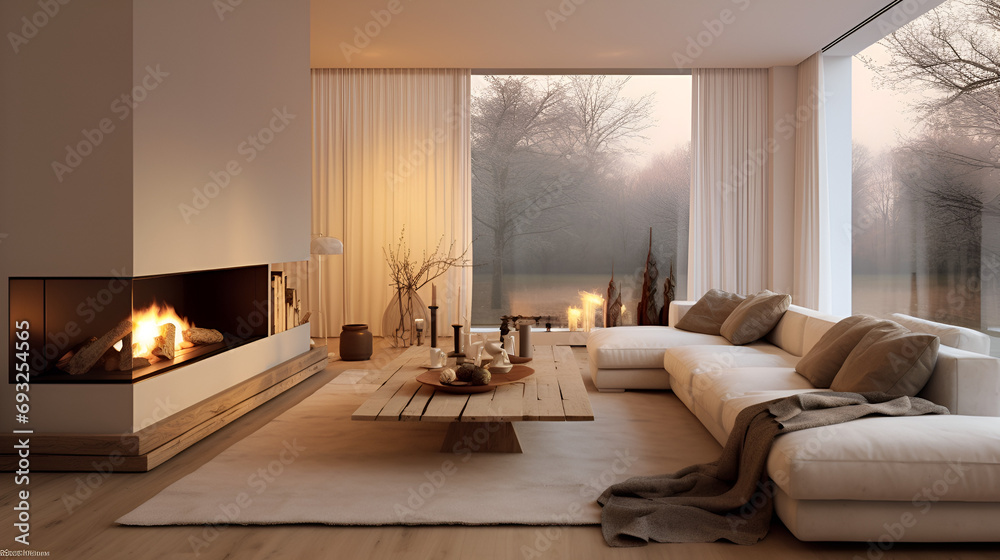 modern living room architect interior with modern minimal fireplace, cosy in winter
