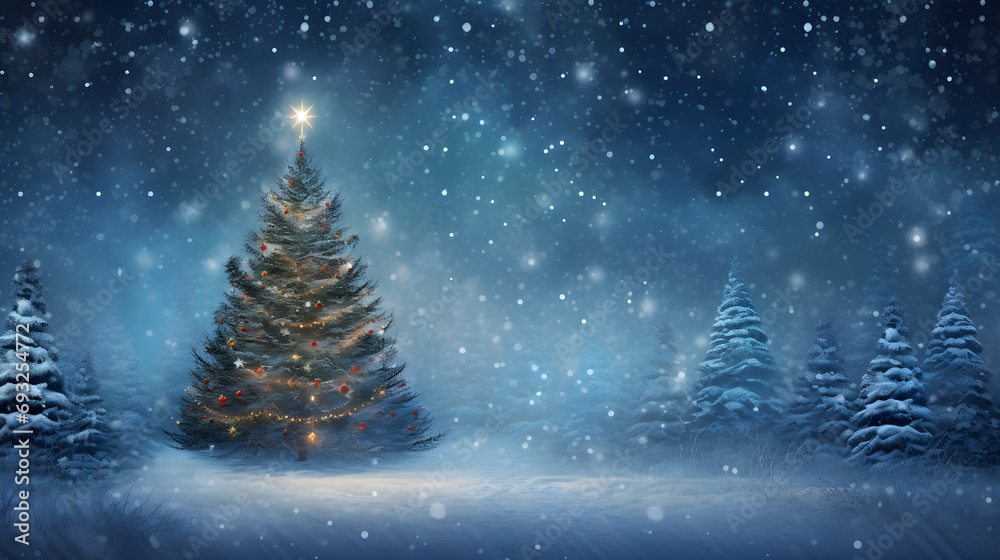 Christmas card background with beautiful Christmas tree and falling snow, illustration