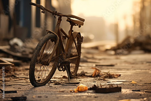 Bicycle on the ground post apocalypse photo