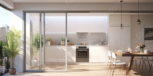 ed kitchen and dining area in apartment with frosted glass folding door and white aluminium partition. Background, sunlight, interior.