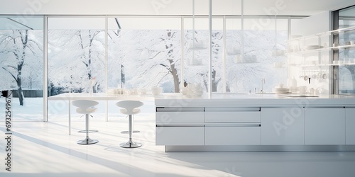 Minimalistic luxury snow white kitchen with island, bar stools, expansive floor-to-ceiling windows, and a glass dish rack. photo