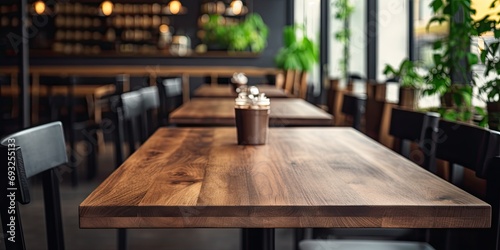 Wooden table in coffee shop for displaying or montaging products.