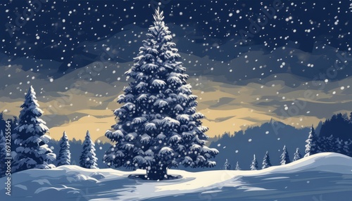 A snowy Christmas scene with a tree and a sky