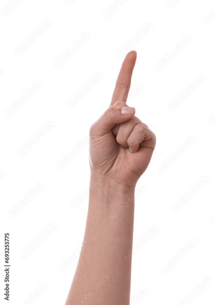 Woman pointing with index finger on white background, closeup Woman pointing with index finger on white background, closeup