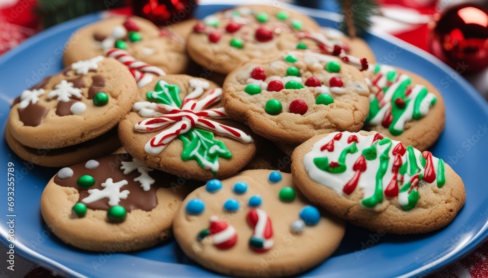 A plate of Christmas cookies with green, red, and white frosting A plate of Christmas cookies with green, red, and white frosting