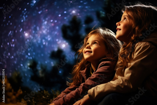 Wonder and Amazement Under the Stars: Two Young Children Gazing at the Night Sky 