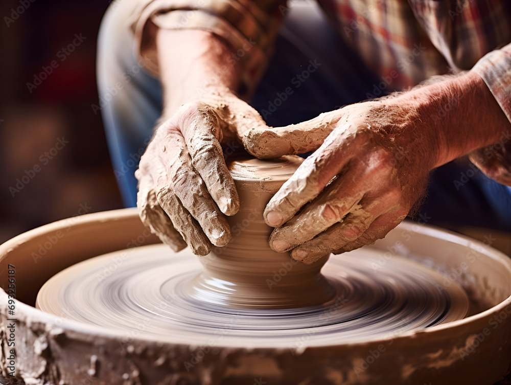Skilled hands shape a clay piece on a spinning pottery wheel, crafting with precision. High value in editorial content for craft and hobby publications, instructional materials for art classes Skilled hands shape a clay piece on a spinning pottery wheel, crafting with precision. High value in editorial content for craft and hobby publications, instructional materials for art classes