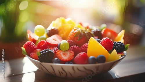 Closeup of a bowl of colorful and fresh fruits displayed at a wellness retreat, highlighting the focus on nourishing and nutrientrich food options. photo