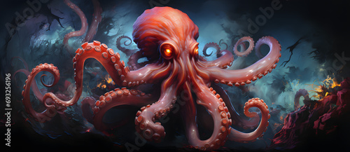 A giant octopus with glowing eyes dominates an underwater scene with its tentacles extending towards the viewer 1