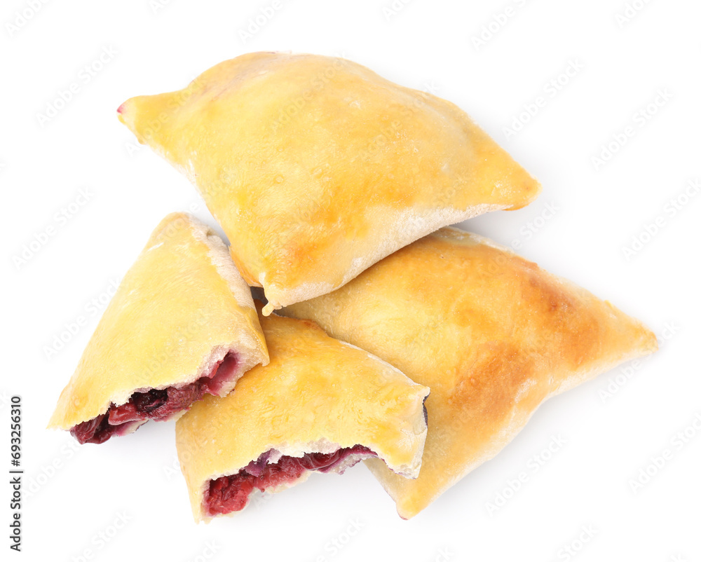 Tasty samosas with berry filling isolated on white, top view