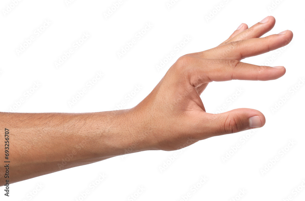 Man holding something in hand on white background, closeup Man holding something in hand on white background, closeup