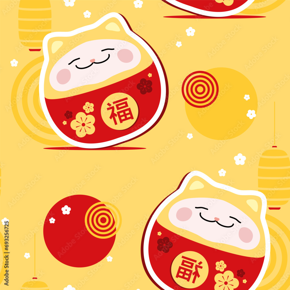 Maneki Neko Lucky Cat in Japan and China Seamless Background for Web, Mobile, Card, Sticker, T-Shirt, Textile Bag and Garment. Hieroglyphic Inscriptions Mean Happiness, Prosperity, Luck. Maneki Neko Lucky Cat in Japan and China Seamless Background for Web, Mobile, Card, Sticker, T-Shirt, Textile Bag and Garment. Hieroglyphic Inscriptions Mean Happiness, Prosperity, Luck.