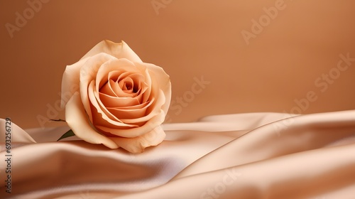 A single rose sitting on a satin surface. Monochrome peach fuzz background.