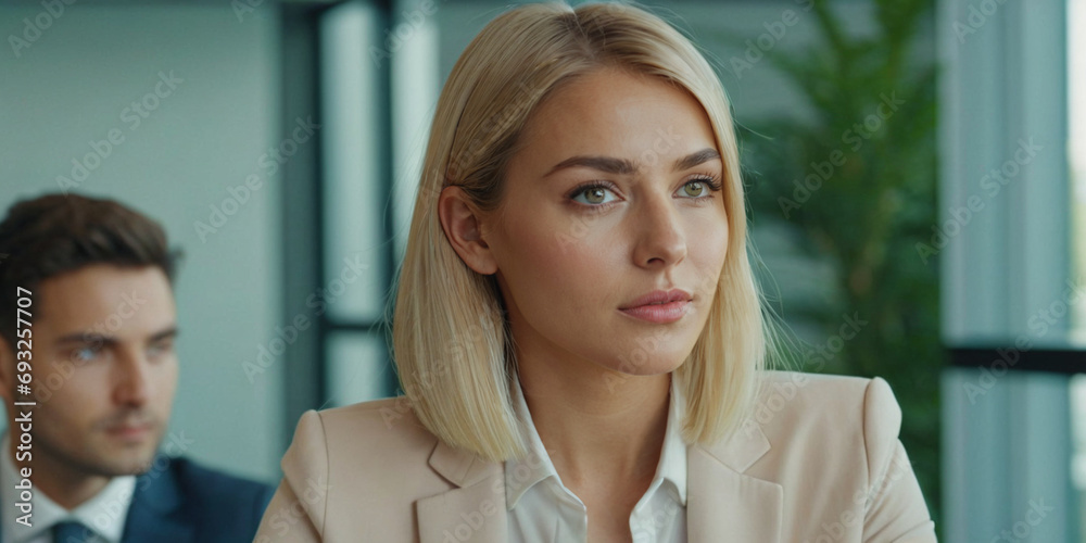 Fototapeta premium focused blonde woman in tan suit, serious expression in office, showcasing professionalism and dedication to work, typical workspace